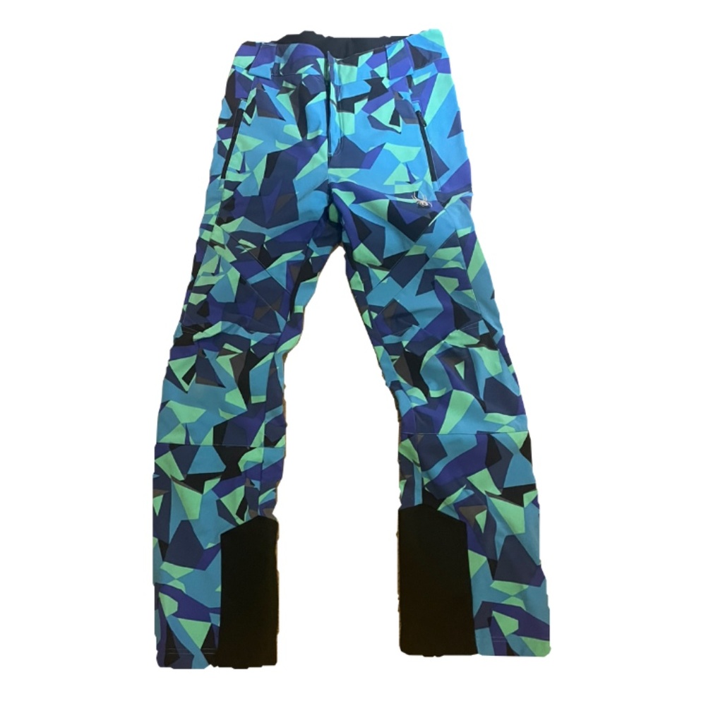 Spyder Winner Tailored Fit women's ski pants in a blue and green geometric print
